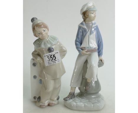 Two Lladro figurines one of a boy with sailing boat and a Harlequin (2):