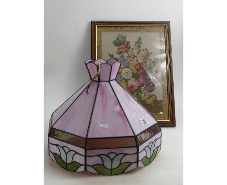 Ceiling light and Embroidery: A large modern leaded glass effect ceiling lamp/light, together with a modern framed embroidery