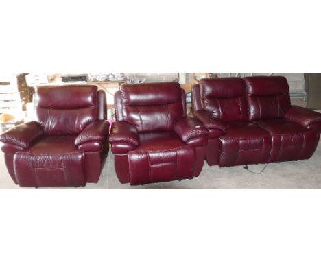 Quality leather 3 piece suite in Burgundy leather: All reclining with one electrical operated item noted. (3) 