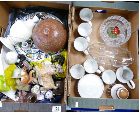 A mixed collection of items to include: Midwinter Stonehenge coffee cups, Aynsley figures, glass ware etc(2 trays)