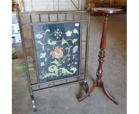 Victorian Ebonised Screen with floral tapestry centre together with later tripod legged plant stand. (2)