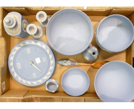 A collection of Wedgwood Jasperware to include: Wall Clock, Footed bowl, Salad Fork, Candlesticks etc.  