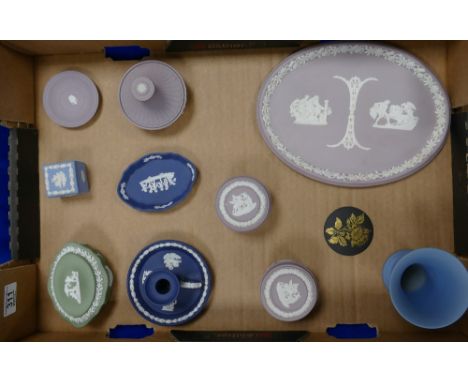 A collection of Wedgwood Jasperware items: A collection of Wedgwood Jasperware items to include a lilac oval plaque, lidded p