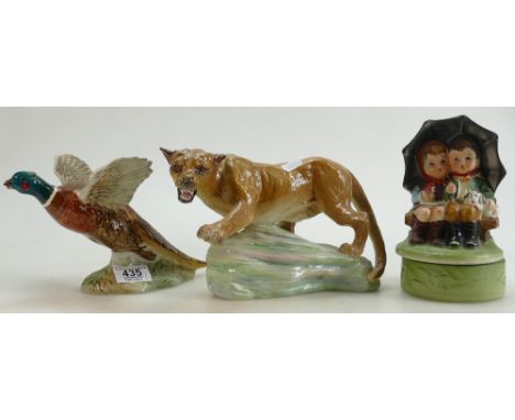 Beswick Pheasant Model 849: Beswick Pheasant Model 849, Elite pottery model of a lion on a rock and a Goebel style musical fi