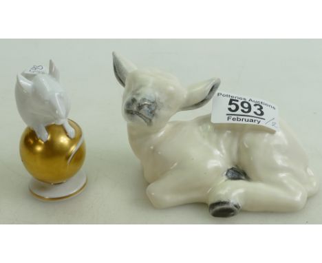 Poole pottery model of a calf and Rosenthal mouse on ball. (2)