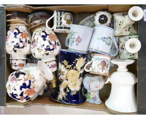 A mixed collection of items to include: Masons Mandalay lamps, ginger jar, empress jug and dish, Canterbury tales plates, Kai