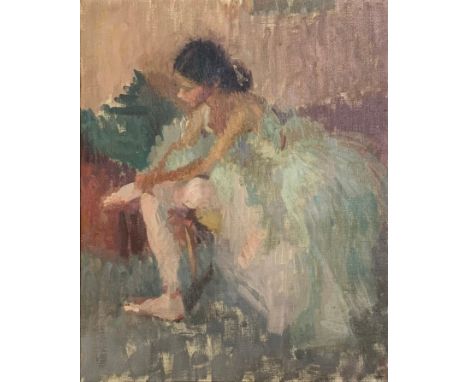 After Degas, oil on canvas, seated ballerina, inscribed to the reverse. H.74 W.65cm 