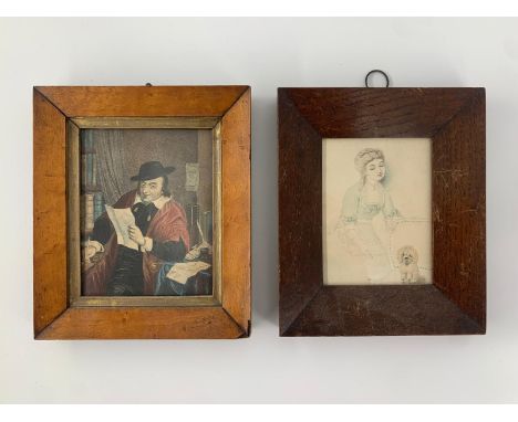 A 19th century pencil drawing, lady and dog along with a 19th century print, both framed and glazed. H.20 W.17cm 
