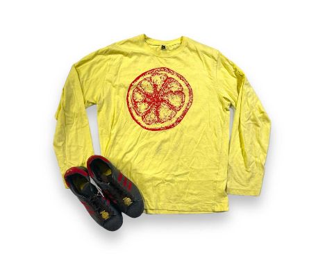 A lemon logo men's Stone Roses t-shirt (XL). A pair of men's Ian Brown Adidas 35th Anniversary Superstar trainers (size UK9) 