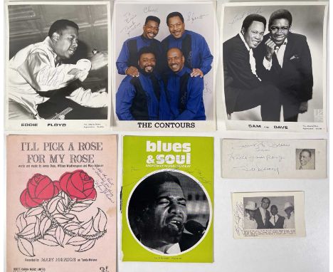 Seven signed items to inc magazines, photos, postcards, sheet music etc - signatures from: Edwin Starr, Sam and Dave, The Con