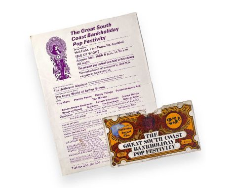 An original promotional handbill for the 1968 Isle of Wight Festival with billings for Jefferson Airplane, T. Rex, Fairport C