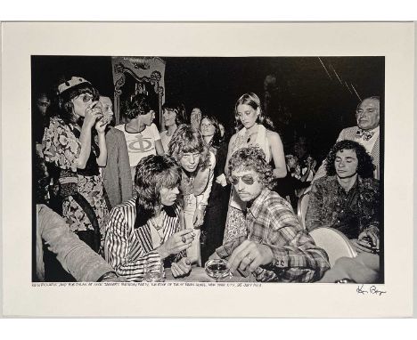 A high-quality print from the original negative of an image by Ken Rogan depicting Bob Dylan, Keith Richards and Mick Jagger 