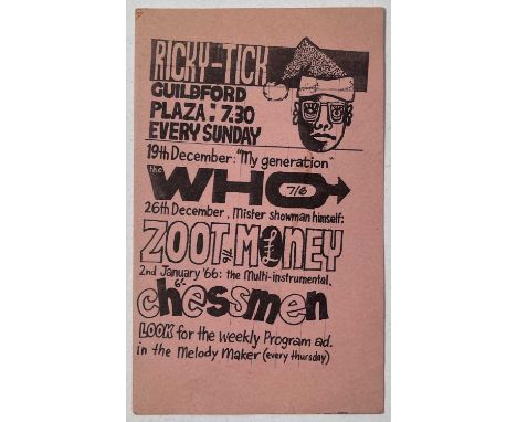 A rarely seen original card ticket for The Who's performance at Ricky-Tick, Guildford on 19th December 1965. Measures approx 