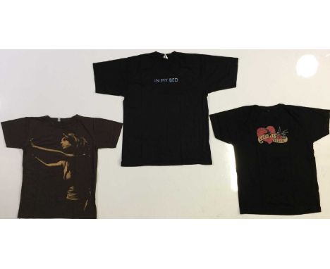 Four Amy Winehouse t-shirts: a red t-shirt with 'Amy Winehouse Local Crew' print (Gildan label, XL), 'Back to Black' tour dat