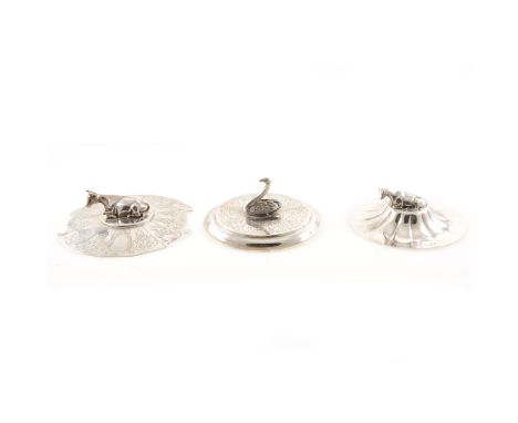A silver lid with ram finial and two crests by Henry Wilkinson &amp; Co, Sheffield 1837, another with bull finial and elabora