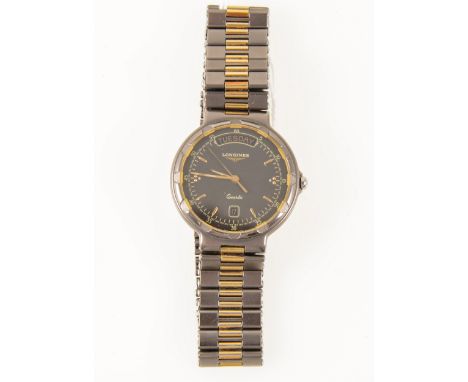 Longines - a gentleman's Conquest quartz wrist watch, circular charcoal baton dial with centre seconds hand, day arched apert
