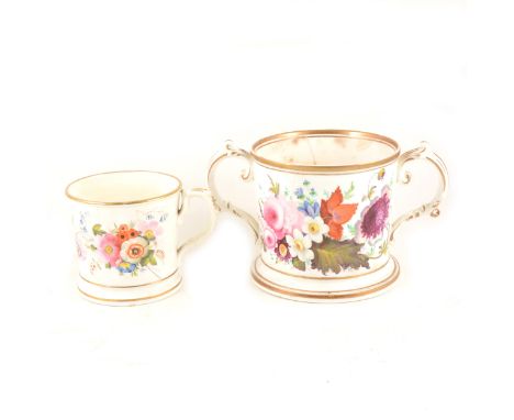 A Worcester porcelain twin handled mug hand painted with flowers and gilt highlights, 12.5cm high, 21.5cm diameter, plus a sm