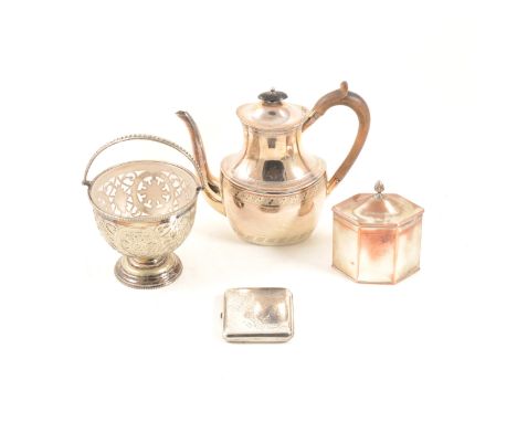 Collection of electroplated ware, including a tea caddy of hexagonal section, 11cm; a sugar basket; coffee pot; baluster mug;
