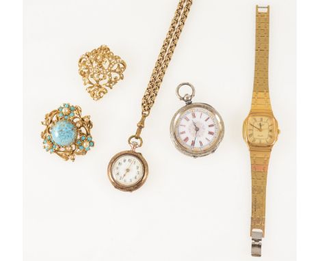 A collection of vintage jewellery and watches, a lady's Longines quartz gold-plated wrist watch with spare link, bracelet mod