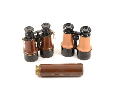 Brass telescope, BC &amp; Co. Britannic, in a leather case, and two pairs of vintage binoculars. (3)