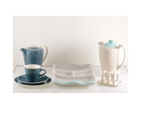 A quantity of mid-century tableware by Poole Pottery, comprising twin-tone tea and coffee pots,other teaware,compartmented ho