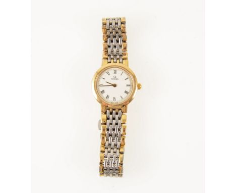 Omega - a lady's wrist watch, circular cream baton dial in a gold-plated 20mm case, fitted with bi-colour stainless steel and
