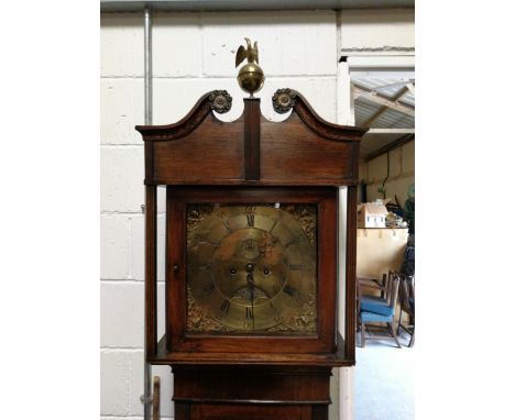 Oak longcase clock, brass dial, adapted, eight day movement.