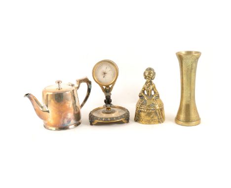 A quantity of brass, copper and silver-plated wares, kettlem dishes, an oak framed circular wall barometer, and a barometer b