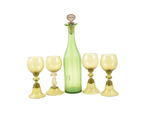 Victorian green glass decanter, slender mallet shape of polygonal section, with a mothr-of-pearl whisky stopper, 33cm; six ol