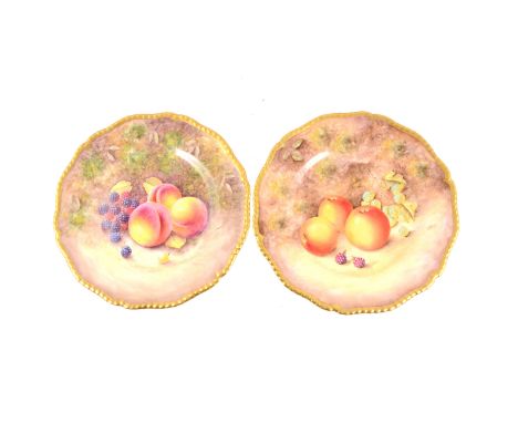 Two Royal Worcester hand painted fruit design plates signed R Price and J Reed, decorated with peaches, apples, blackberries 