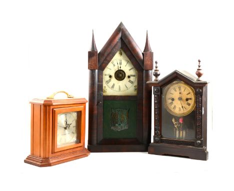 American rosewood shelf clock, Chauncey Jerome, New Haven, Connecticut, Gothic casing, alarm movement, striking on a bell and