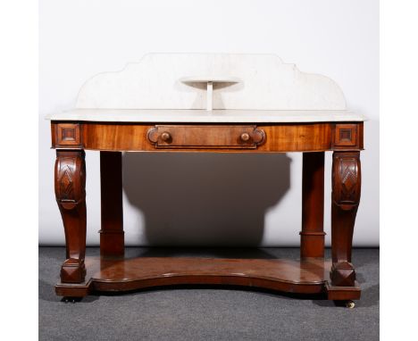 Victorian mahogany Duchess washstand, with a marble top and back, bowfront with a single drawer, scrolled console supports, i