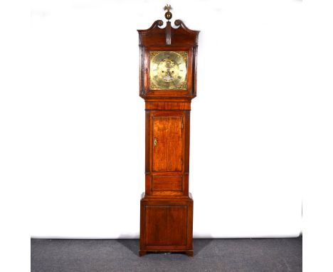 Oak longcase clock, 20th Century, square brass dial, spring-driven movement, striking on three gongs, 188cm.