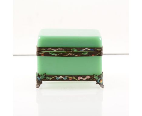 An early 20th Century Chinese box, jade coloured glass with metal mounts decorated with champleve enamel, 9.5cm x 8.5cm x 8cm