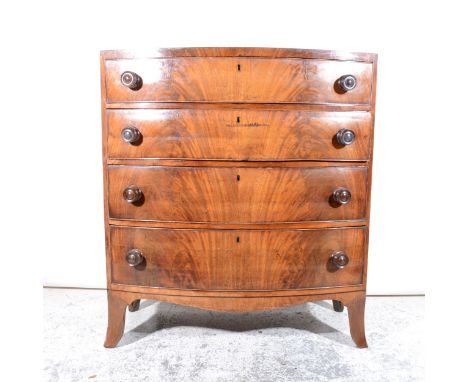 Victorian mahogany bowfront chest of drawers, with ebony stringing, and cross-banding to the top, fitted with four graduating