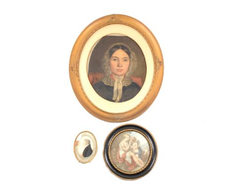 Victorian School, portrait of a lady, shoulders length, oil on mill board, oval mount, 29cm x 23cm; an oval miniature, Regenc