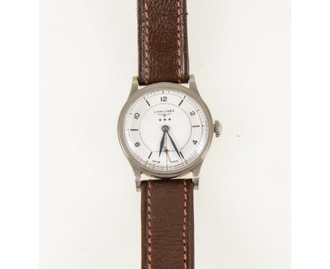 Longines - a 1930s gentleman's vintage wrist watch, circular white baton dial with even arabics and seconds hand to base, blu