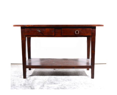 Stained teak wood side table, fitted with two frieze drawers and under shelf, width 120cm.