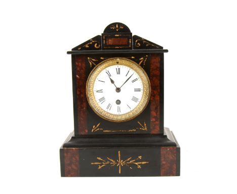 Victorian black marble mantel clock, architectural pediment, enamelled dial, cylinder movement, 27cm.