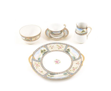 A Japanese Nippon hand painted tea service decorated with a floral lattice work border and lake scenes, twelve 20cm plates, s