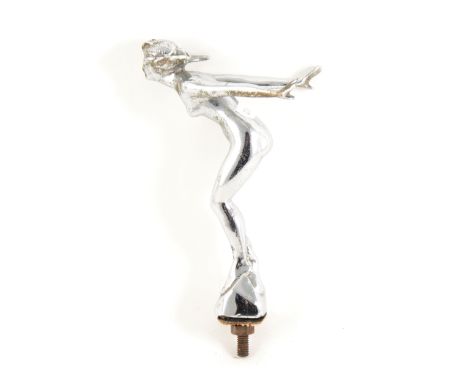 A vintage chromium plated Desmo car mascot, "The Diving Lady", unmounted, 17.5cm high excluding screw fitment.