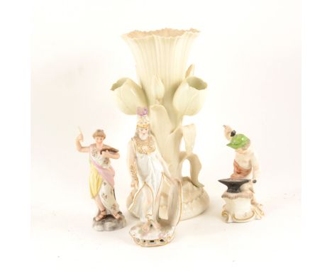 Belleek vase with flute surrounded with tulips, 24cm; French porcelain mug; Worcester polychrome cup; Continental figure of B