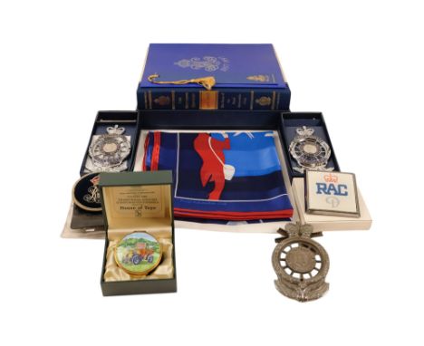 A quantity of RAC membership and commemorative items - including a silk scarf, bullion blazer badge, four various plated car 