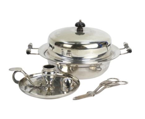 An early 20th century silver plated muffin dish - circular with ebonised fittings, together with a chamber stick and a pair o
