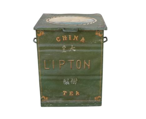 A galvanised steel and painted Liptons tea trunk - with hinge cover, twin handles and embossed Lipton, painted with a vignett