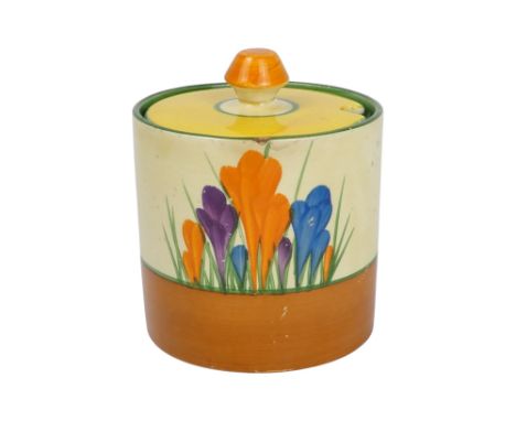 A Clarice Cliff 'Crocus' pattern drum shape preserve pot and cover - Bizarre Newport Pottery marks, height 9cm.