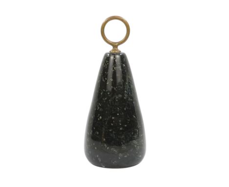 A Cornish serpentine door stop - of drop form with a brass ring handle, 27cm high.