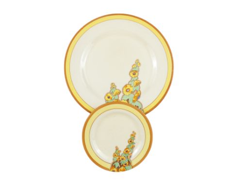 A Clarice Cliff 'Sunshine' pattern plate and side plate - Bizarre Wilkinson Ltd marks. (2)