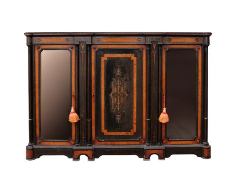 A Victorian ebonised, walnut and gilt metal mounted credenza - the rectangular top above an inlay frieze and central door fla