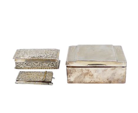 A rectangular silver box - London 1900, rectangular with foliate repousse decoration, 97g, together with a cigarette box and 